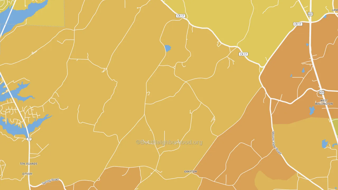 Map of the best neighborhoods in the Grayton area, with better matches in green and worse matches in red