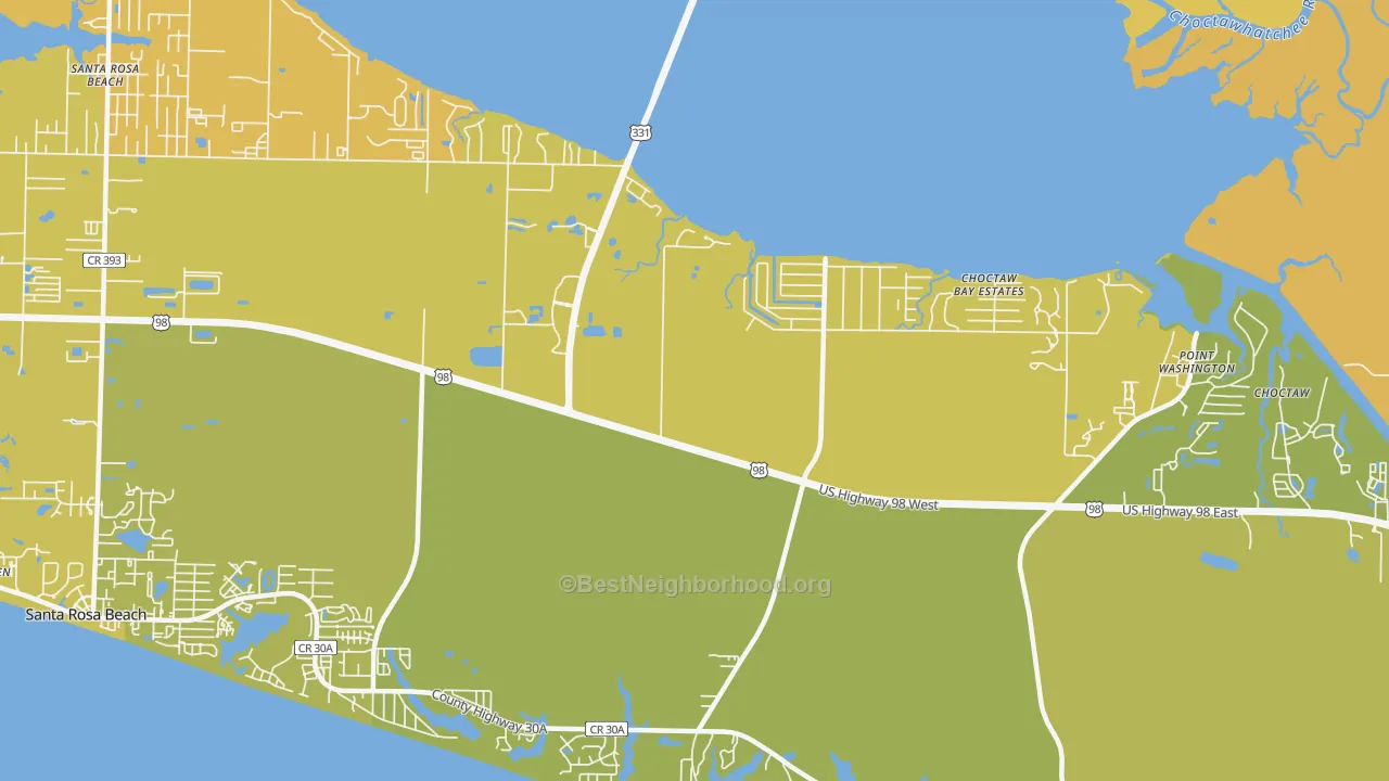 Map of the best neighborhoods in the Grayton Beach area, with better matches in green and worse matches in red