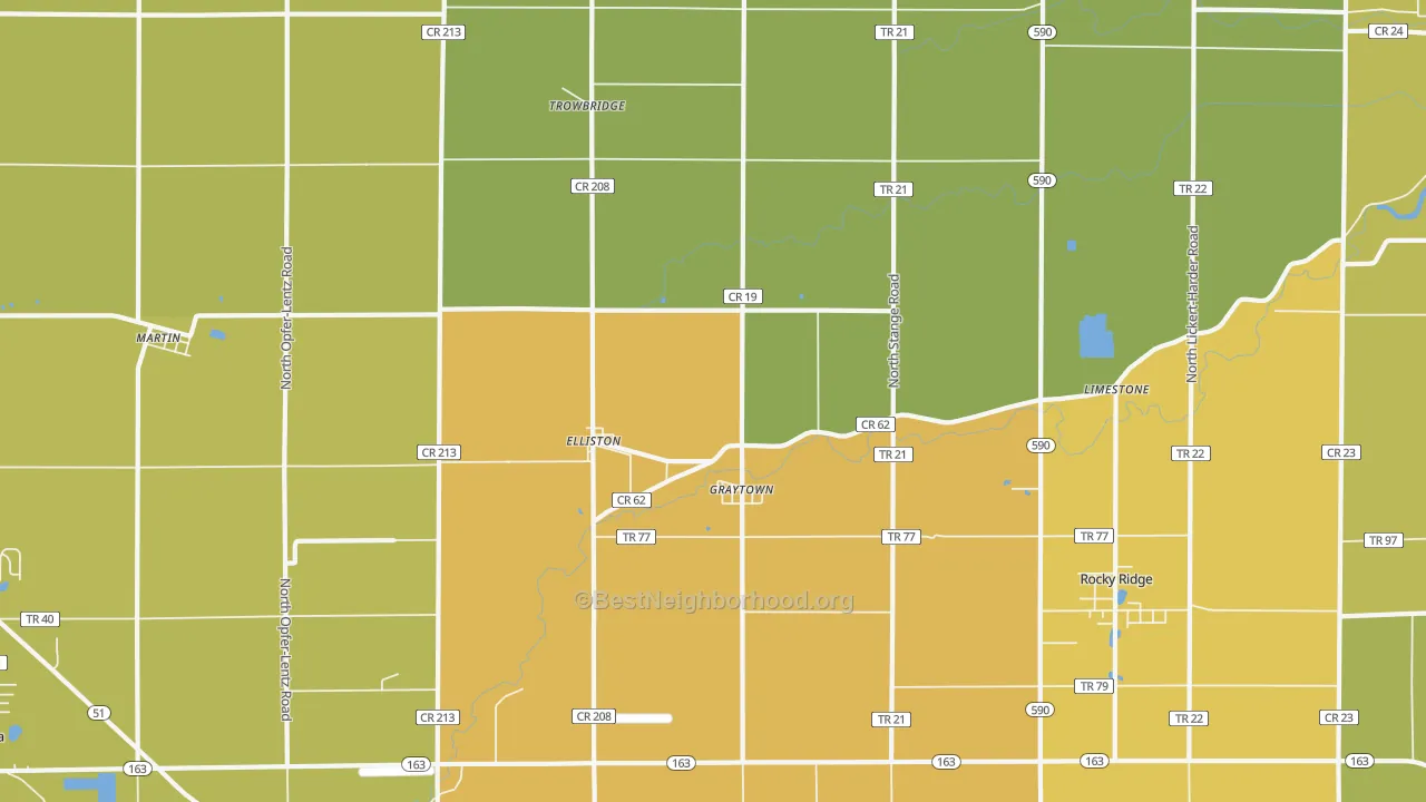 Map of the best neighborhoods in the Graytown area, with better matches in green and worse matches in red