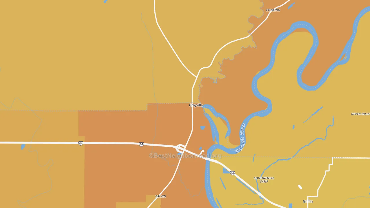 Map of the best neighborhoods in the Grayville area, with better matches in green and worse matches in red