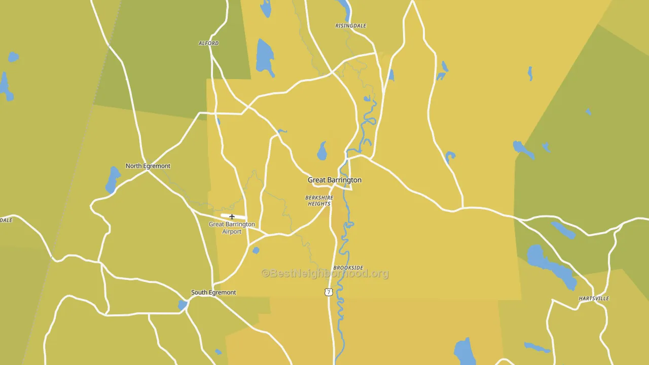 Map of the best neighborhoods in the Great Barrington area, with better matches in green and worse matches in red