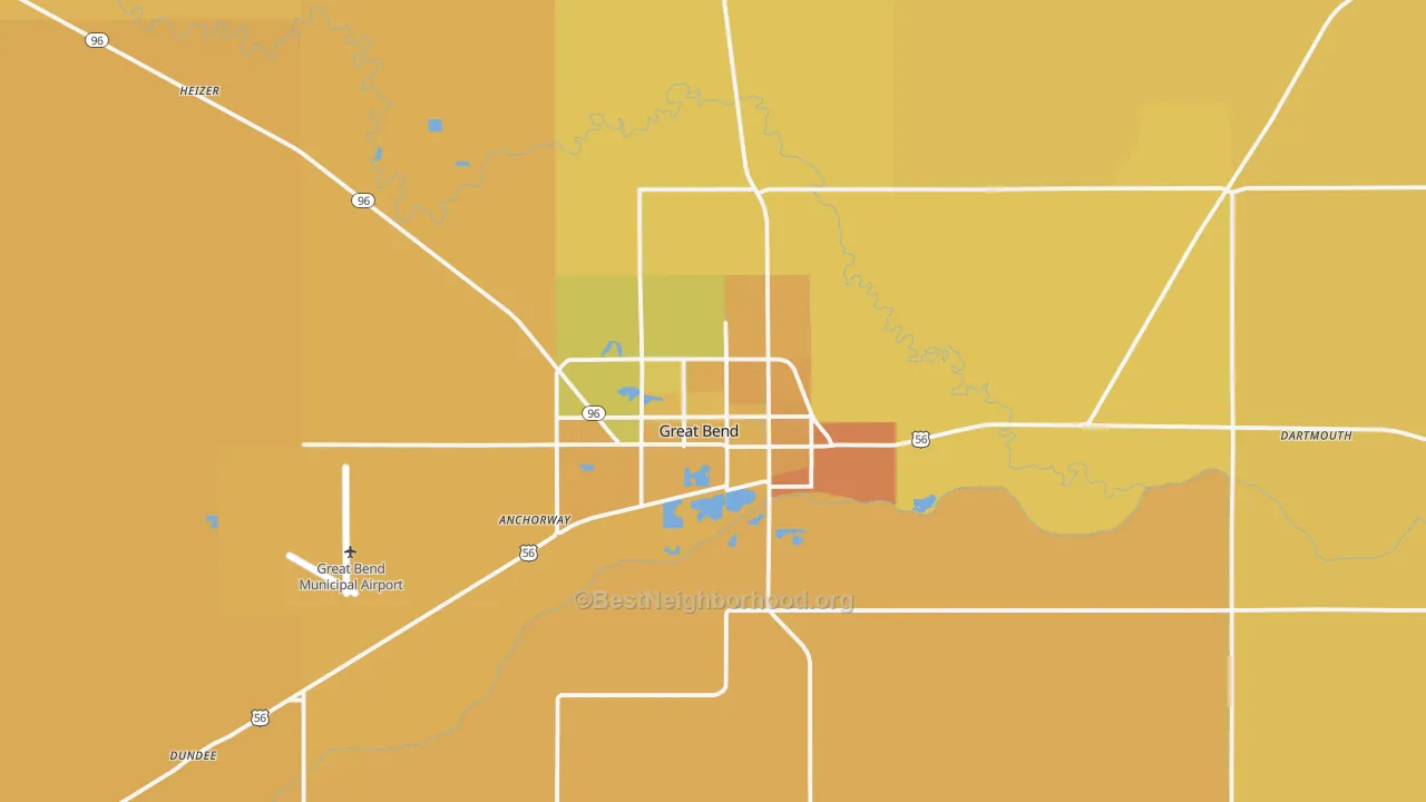 Map of the best neighborhoods in the Great Bend area, with better matches in green and worse matches in red