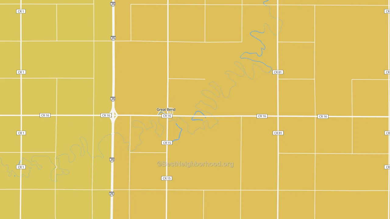 Map of the best neighborhoods in the Great Bend area, with better matches in green and worse matches in red
