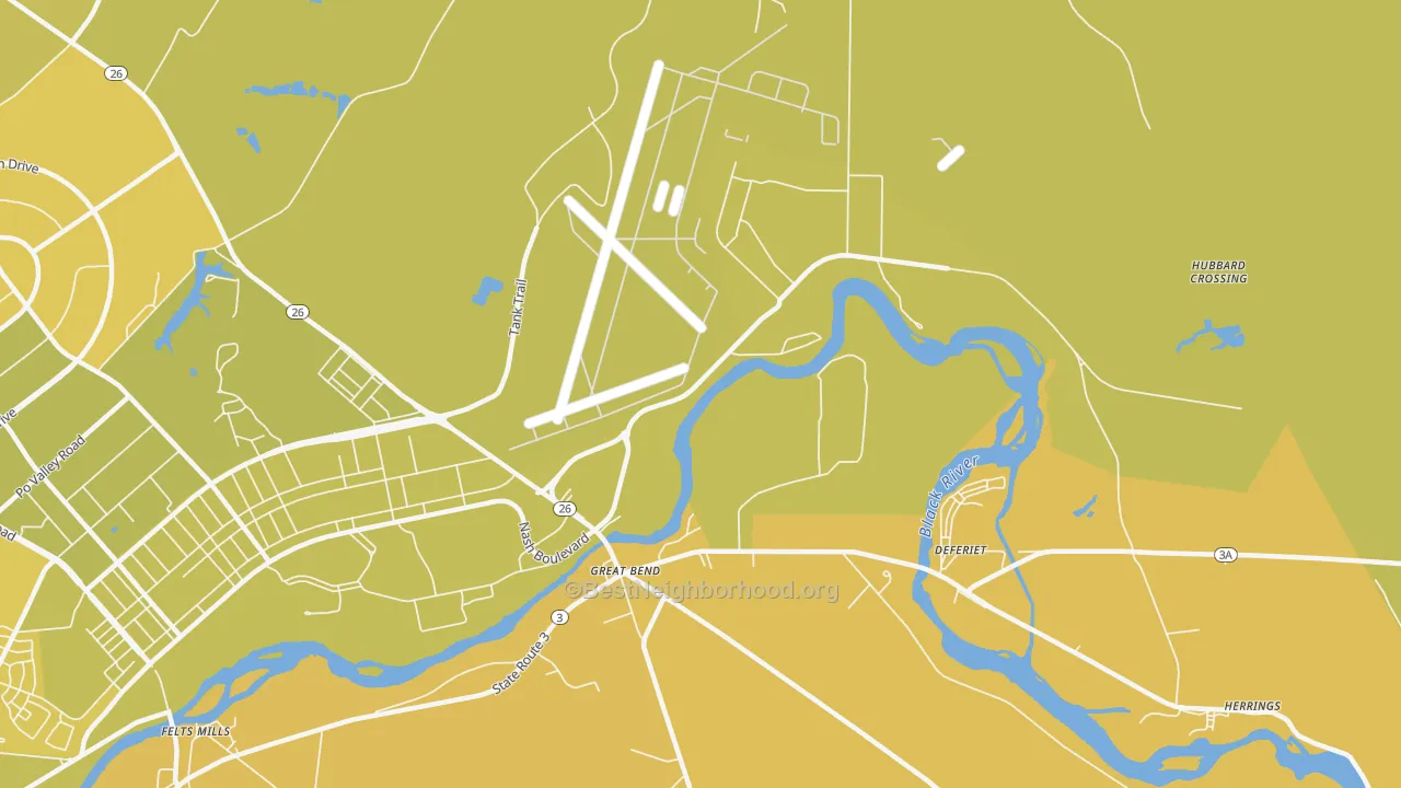 Map of the best neighborhoods in the Great Bend area, with better matches in green and worse matches in red