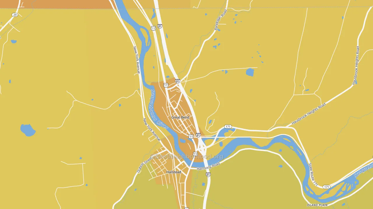 Map of the best neighborhoods in the Great Bend area, with better matches in green and worse matches in red