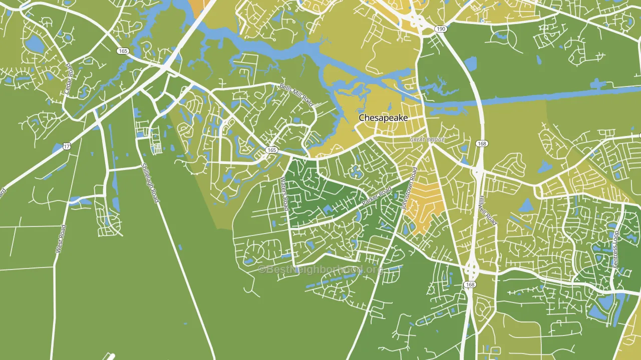 Map of the best neighborhoods in the Great Bridge, Chesapeake area, with better matches in green and worse matches in red