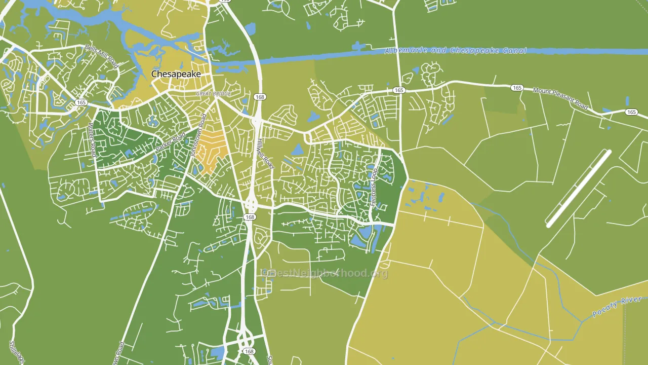 Map of the best neighborhoods in the Great Bridge East, Chesapeake area, with better matches in green and worse matches in red