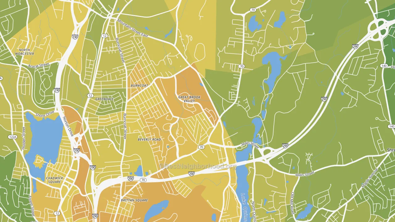 Map of the best neighborhoods in the Great Brook Valley, Worcester area, with better matches in green and worse matches in red