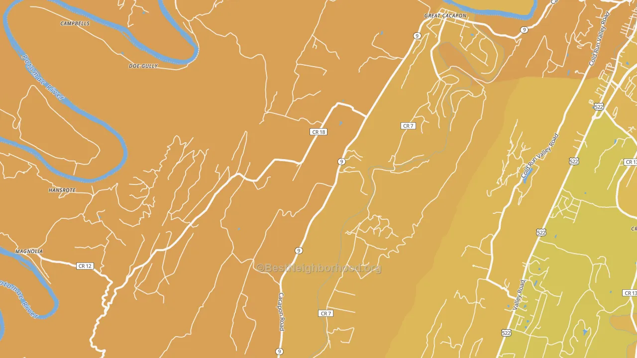 Map of the best neighborhoods in the Great Cacapon area, with better matches in green and worse matches in red