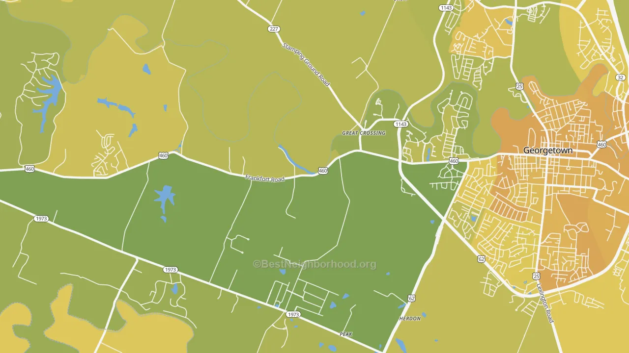 Map of the best neighborhoods in the Great Crossing area, with better matches in green and worse matches in red