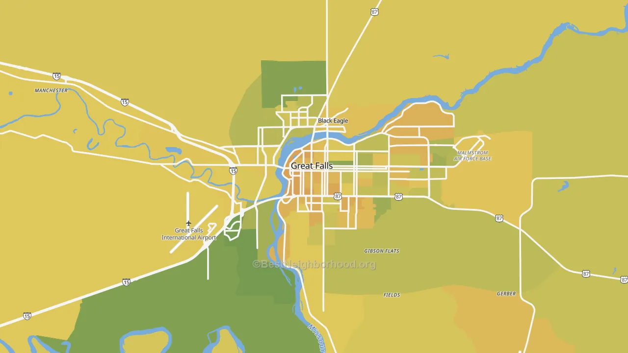 Map of the best neighborhoods in the Great Falls Metro area, with better matches in green and worse matches in red