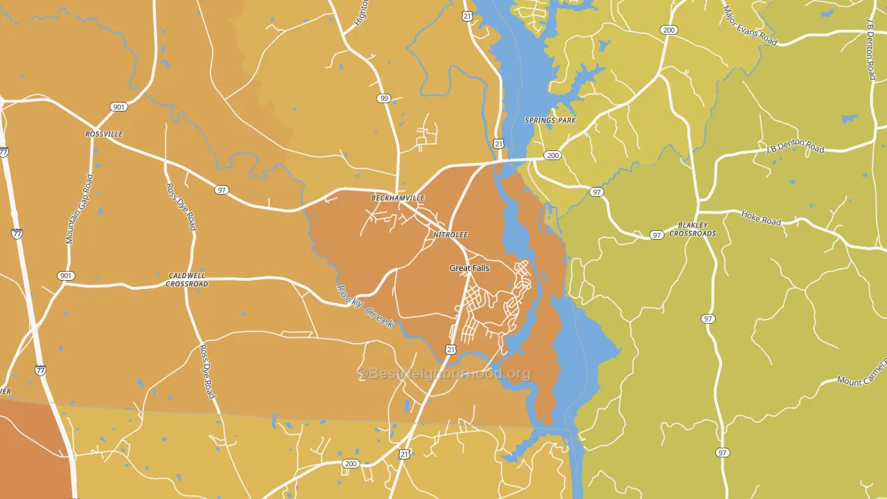 Map of the best neighborhoods in the Great Falls area, with better matches in green and worse matches in red