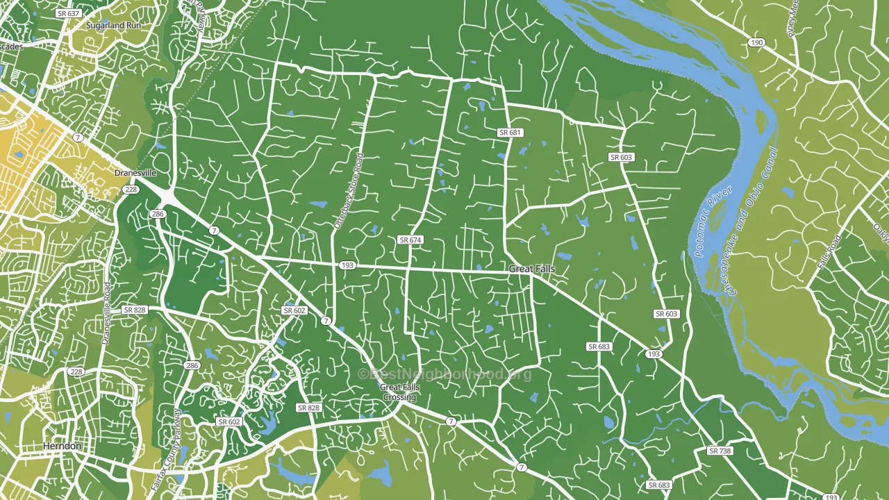 Map of the best neighborhoods in the Great Falls area, with better matches in green and worse matches in red