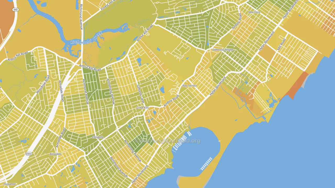 Map of the best neighborhoods in the Great Kills, Staten Island area, with better matches in green and worse matches in red