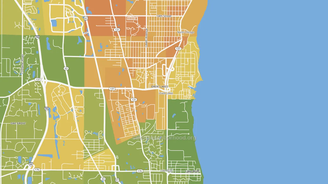 Map of the best neighborhoods in the Great Lakes area, with better matches in green and worse matches in red