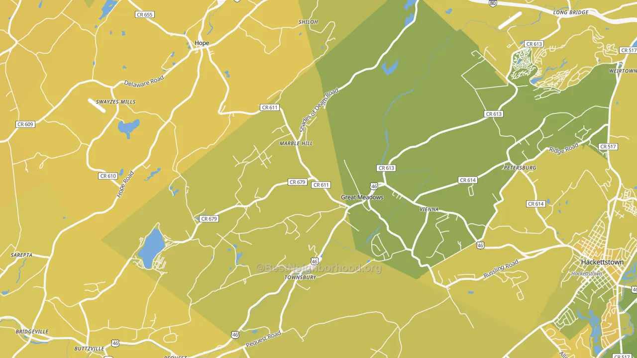 Map of the best neighborhoods in the Great Meadows area, with better matches in green and worse matches in red