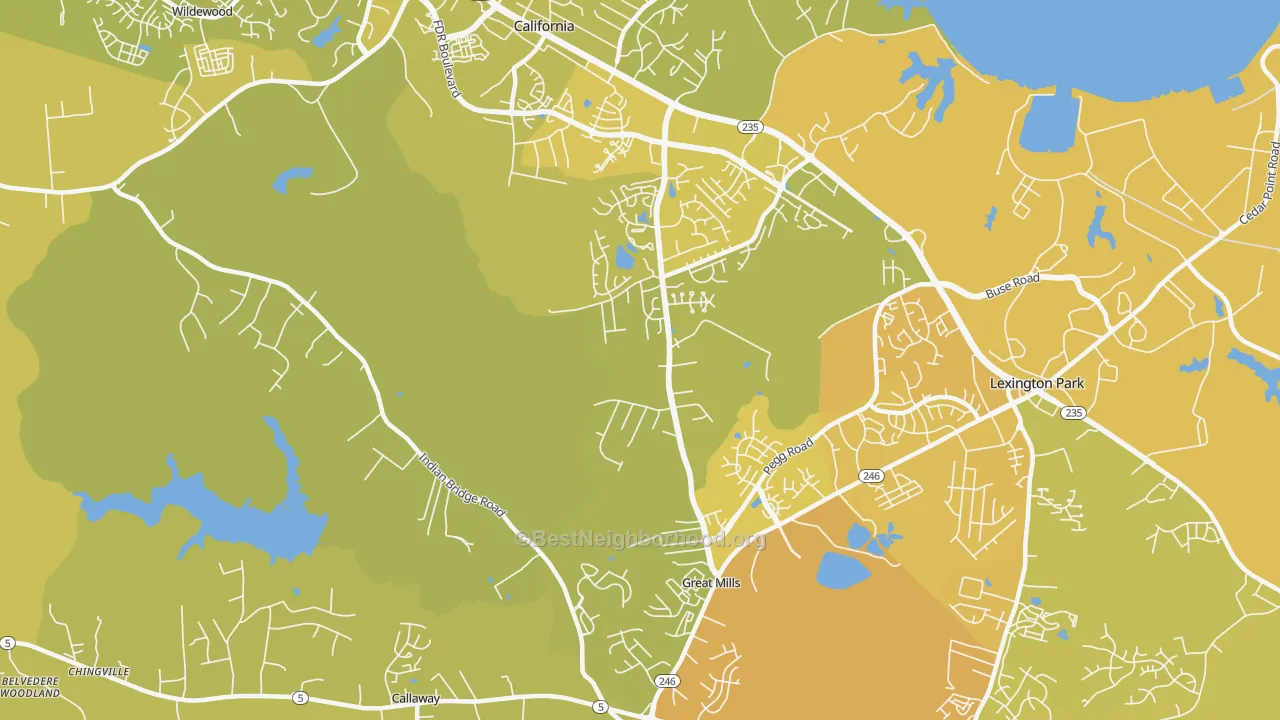 Map of the best neighborhoods in the Great Mills area, with better matches in green and worse matches in red