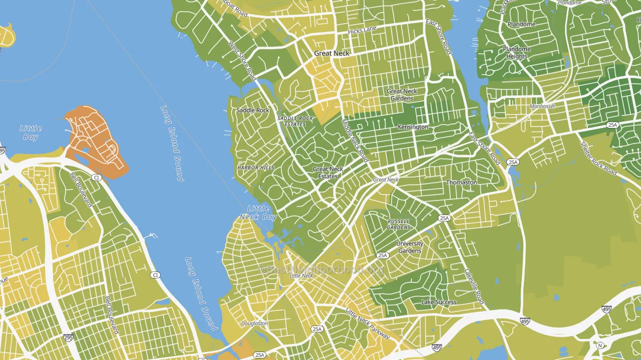 Map of the best neighborhoods in the Great Neck Estates area, with better matches in green and worse matches in red