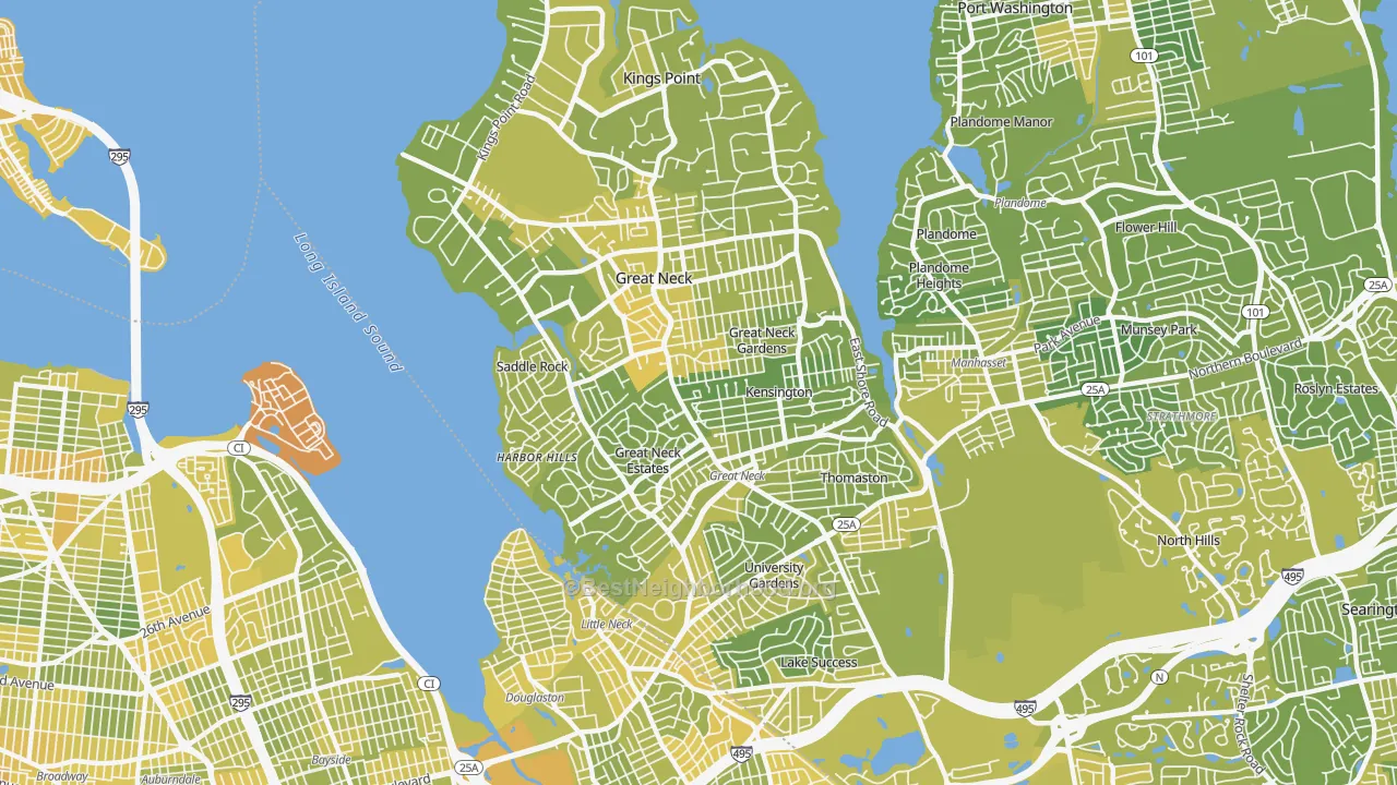 Map of the best neighborhoods in the Great Neck area, with better matches in green and worse matches in red