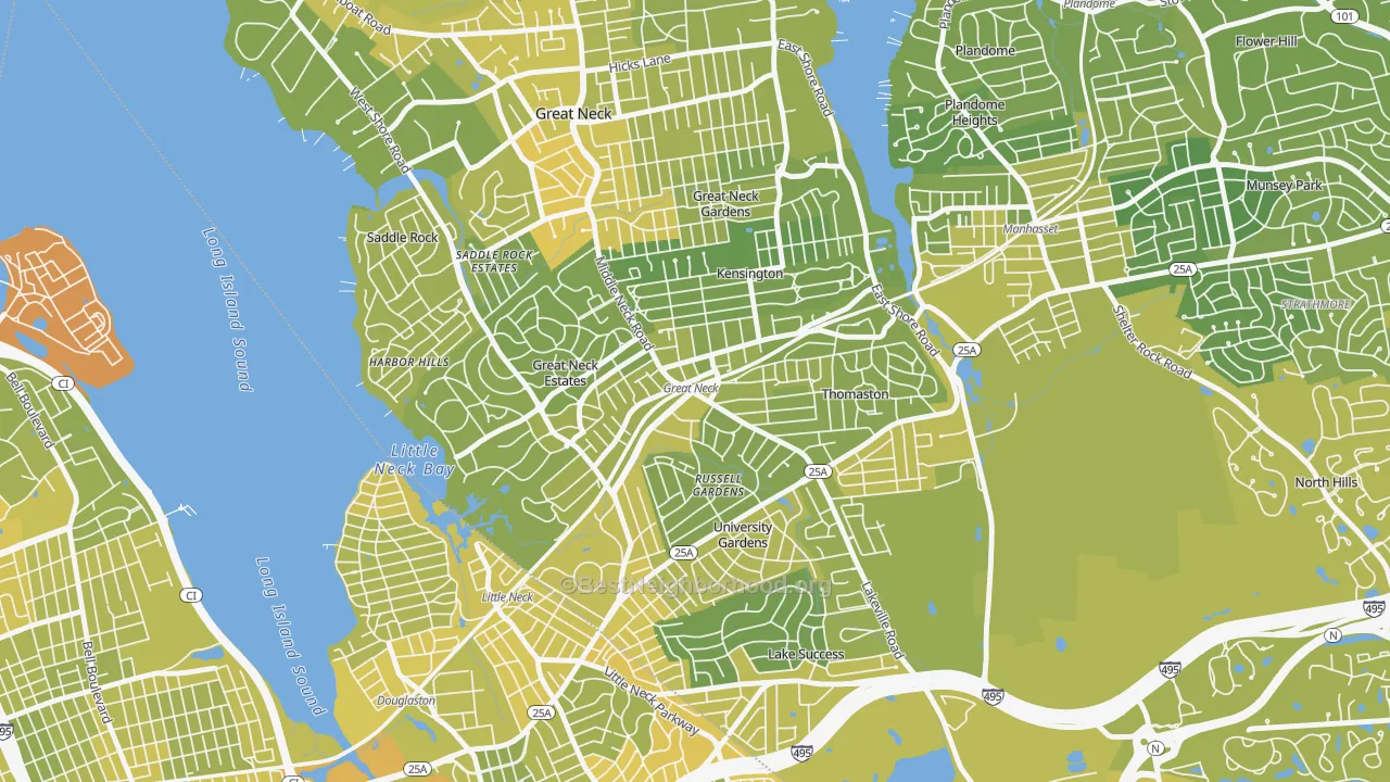 Map of the best neighborhoods in the Great Neck Plaza area, with better matches in green and worse matches in red