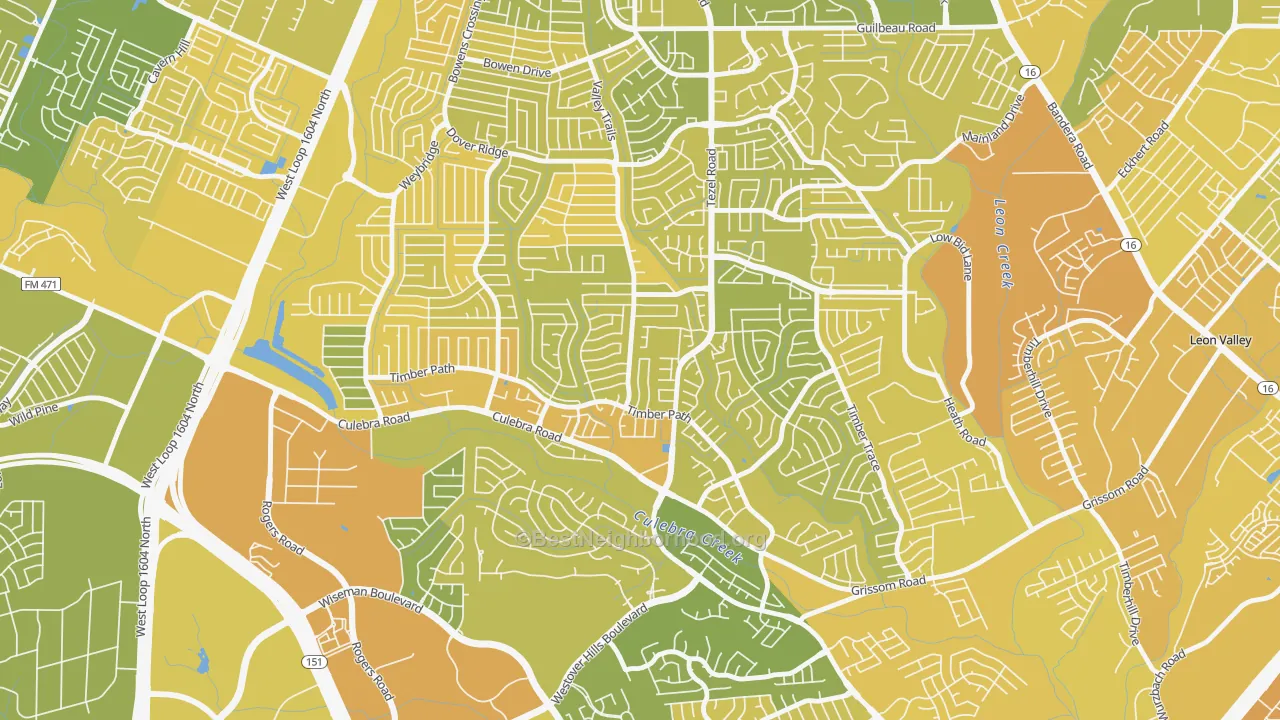 Map of the best neighborhoods in the Great Northwest, San Antonio area, with better matches in green and worse matches in red