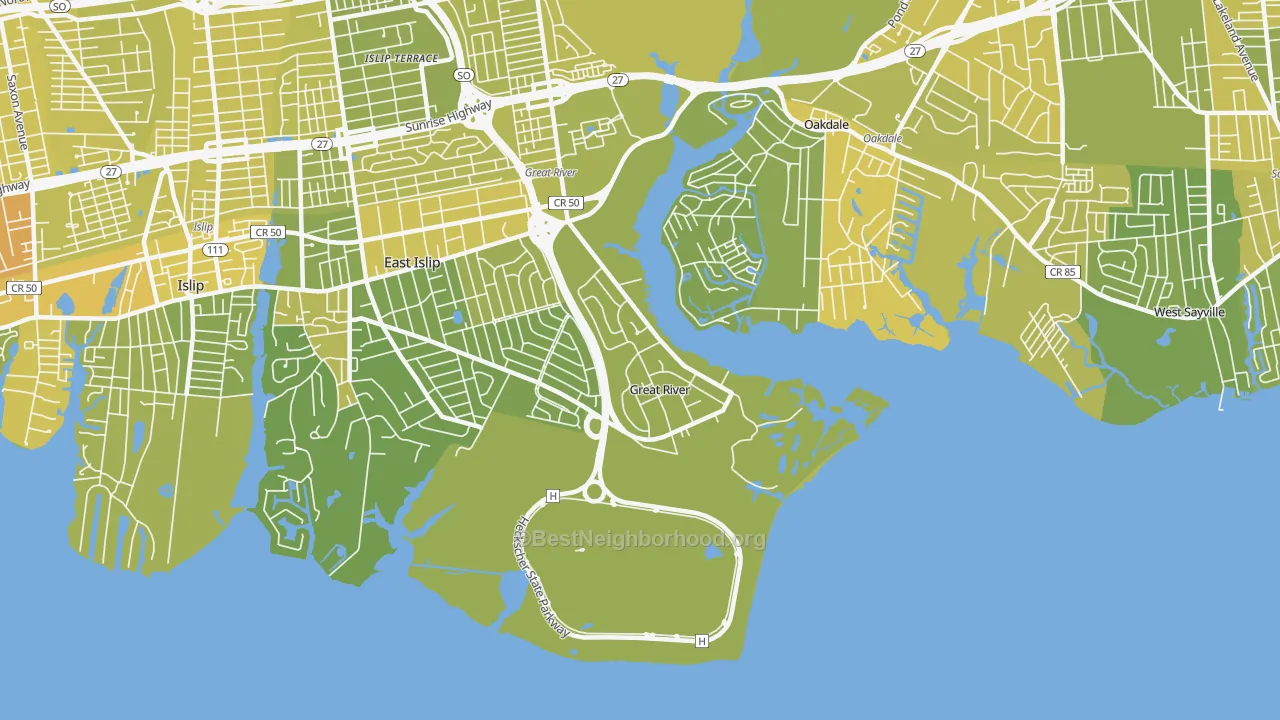 Map of the best neighborhoods in the Great River area, with better matches in green and worse matches in red