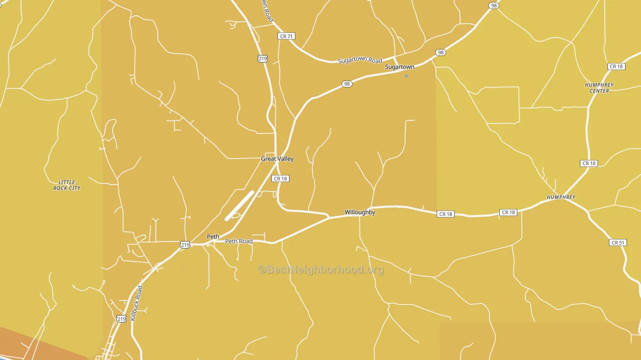 Map of the best neighborhoods in the Great Valley area, with better matches in green and worse matches in red