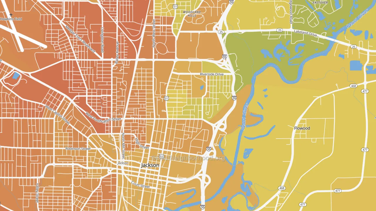 Map of the best neighborhoods in the Greater Belhaven, Jackson area, with better matches in green and worse matches in red
