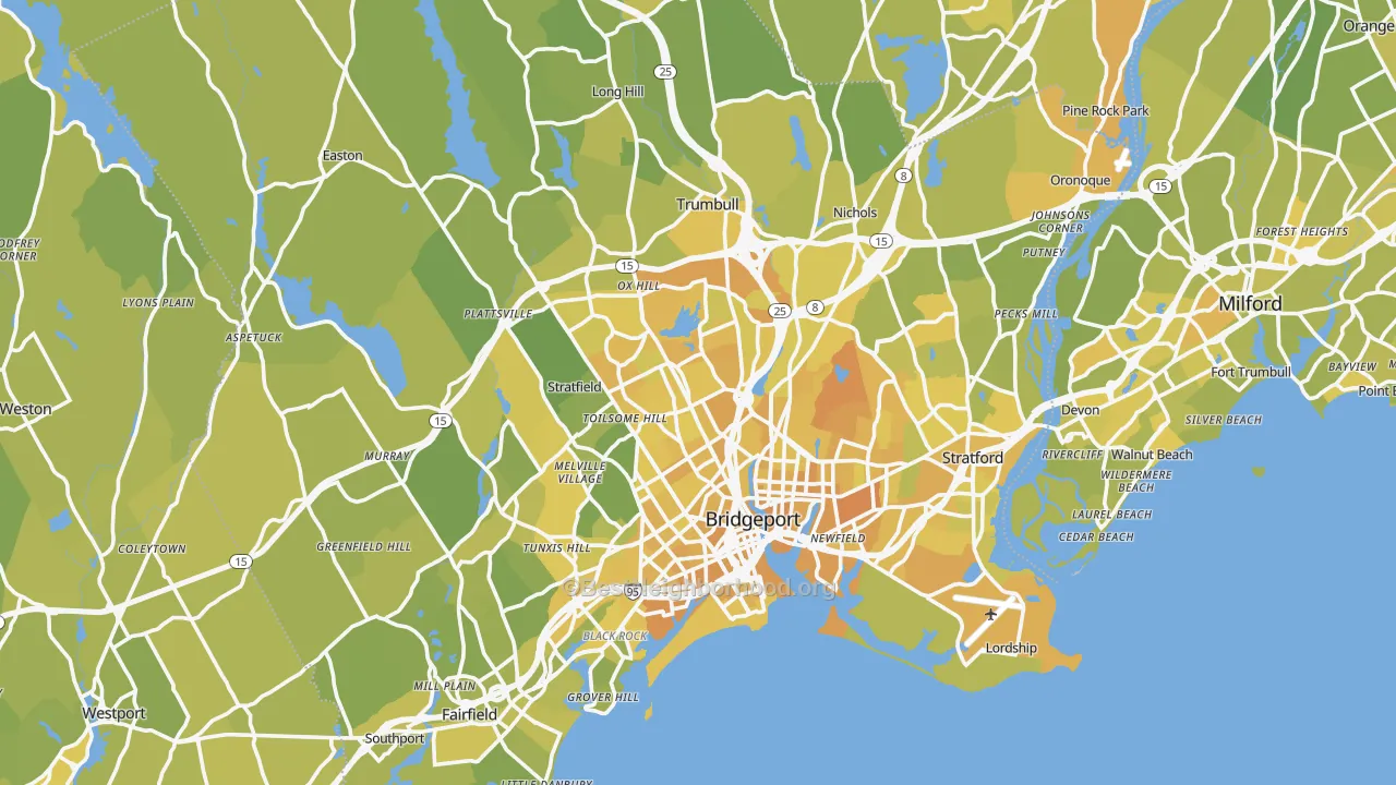 Map of the best neighborhoods in the Greater Bridgeport Planning Region area, with better matches in green and worse matches in red