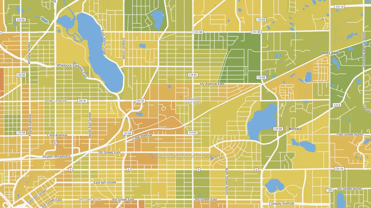 Map of the best neighborhoods in the Greater Eastside, St. Paul area, with better matches in green and worse matches in red