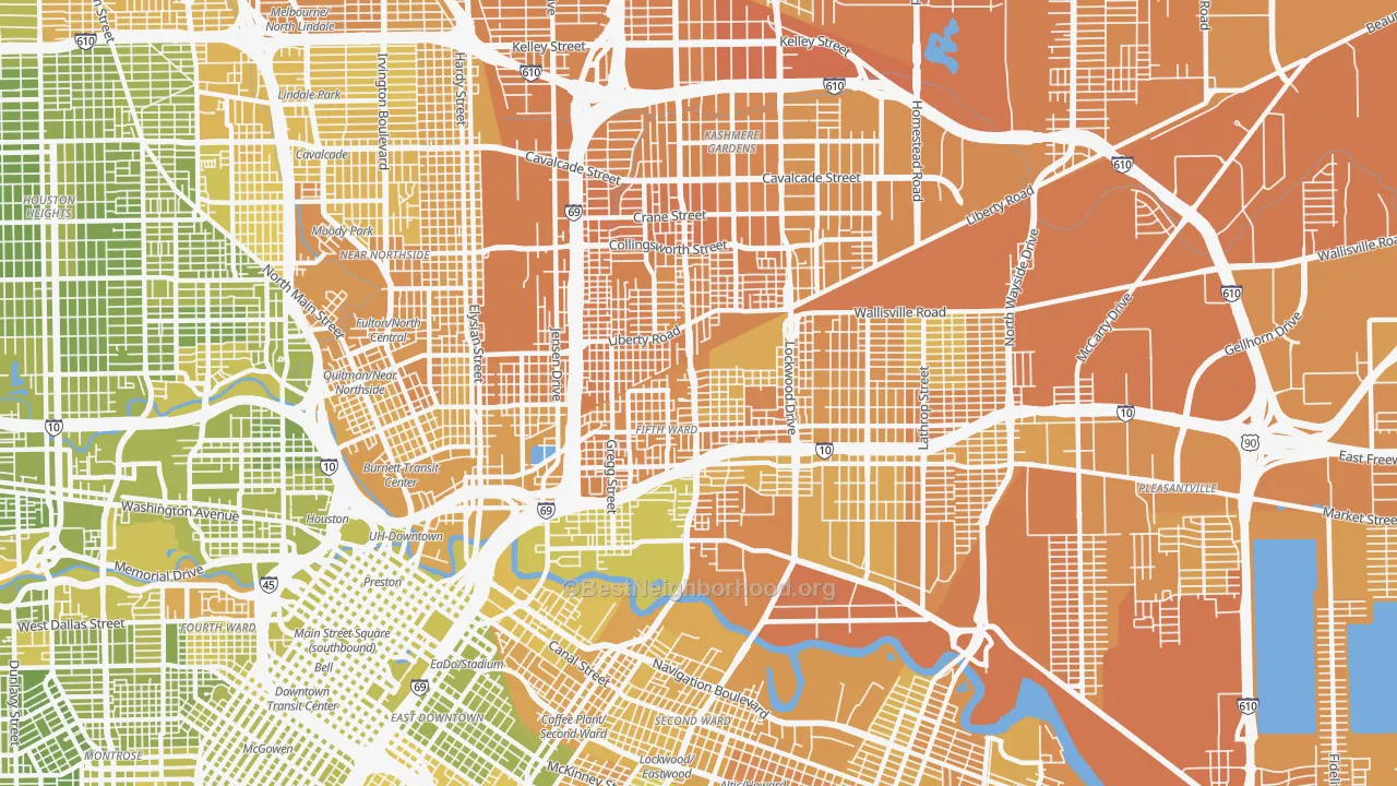 Map of the best neighborhoods in the Greater Fifth Ward, Houston area, with better matches in green and worse matches in red