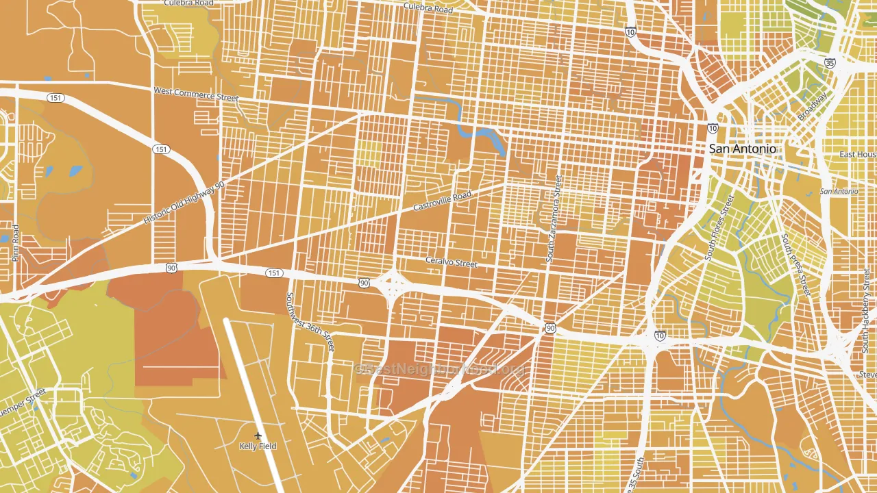 Map of the best neighborhoods in the Greater Gardendale, San Antonio area, with better matches in green and worse matches in red