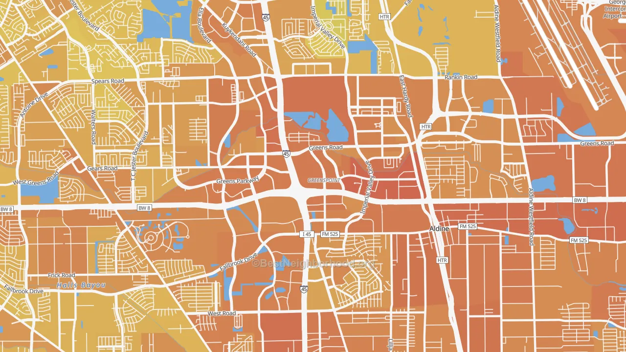 Map of the best neighborhoods in the Greater Greenspoint, Houston area, with better matches in green and worse matches in red
