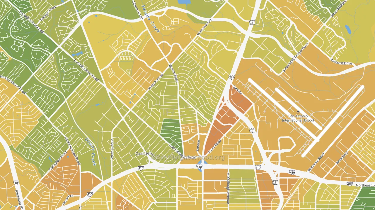 Map of the best neighborhoods in the Greater Harmony Hills, San Antonio area, with better matches in green and worse matches in red