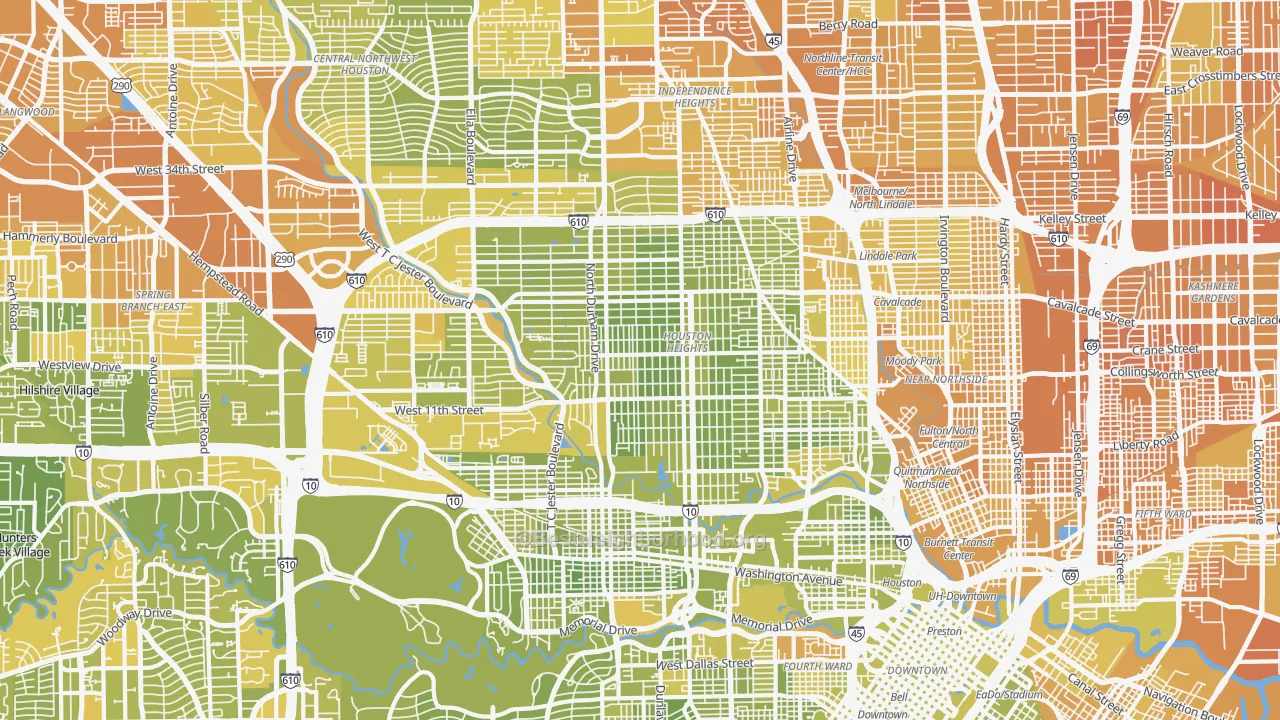Map of the best neighborhoods in the Greater Heights, Houston area, with better matches in green and worse matches in red