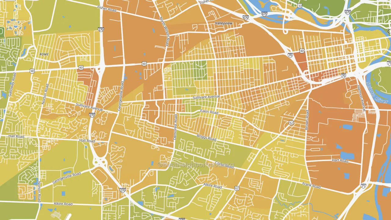 Map of the best neighborhoods in the Greater Hilltop, Columbus area, with better matches in green and worse matches in red