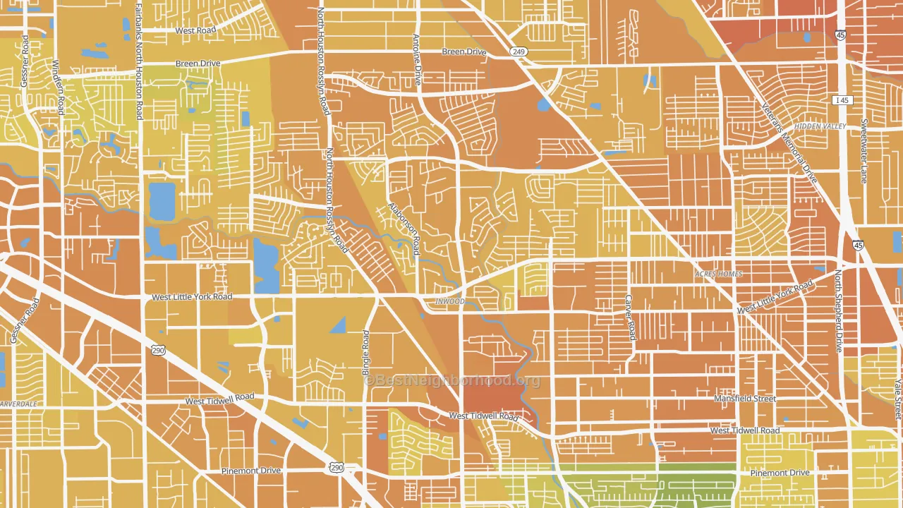 Map of the best neighborhoods in the Greater Inwood, Houston area, with better matches in green and worse matches in red