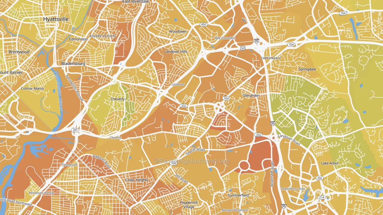 Map of the best neighborhoods in the Greater Landover, Landover area, with better matches in green and worse matches in red