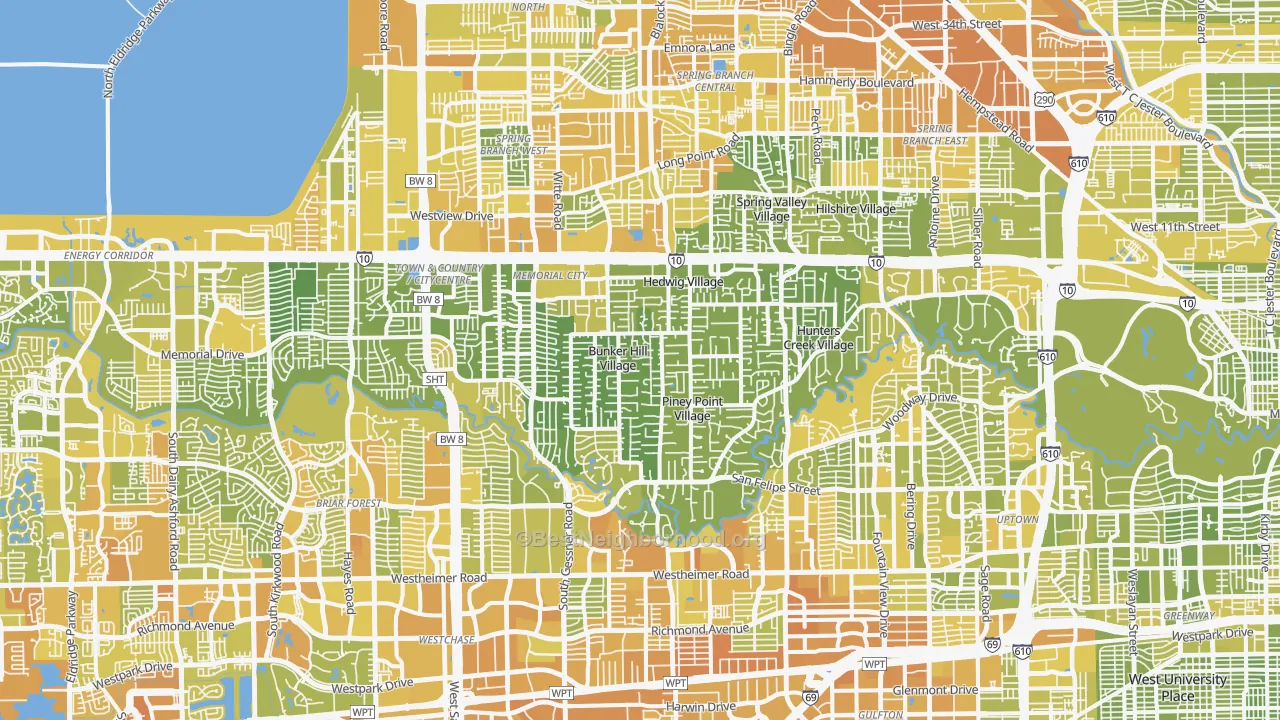 Map of the best neighborhoods in the Greater Memorial, Houston area, with better matches in green and worse matches in red