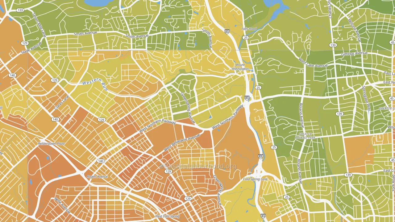 Map of the best neighborhoods in the Greater Mount Washington, Baltimore area, with better matches in green and worse matches in red