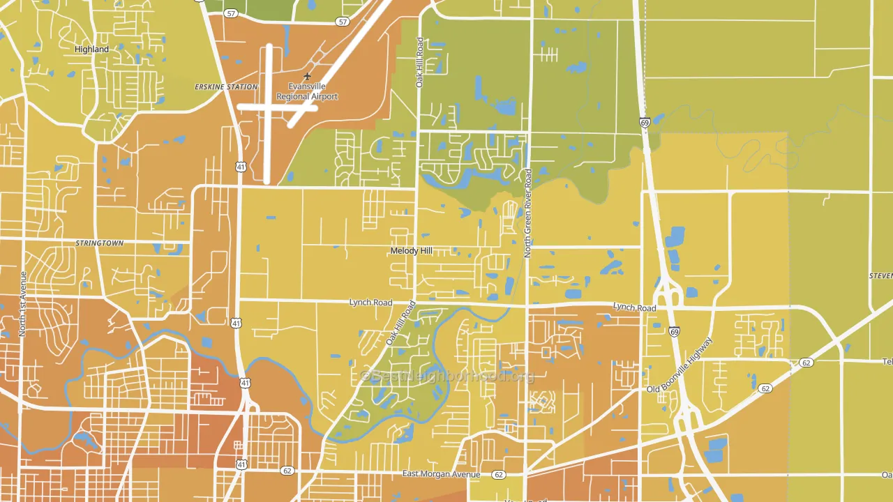 Map of the best neighborhoods in the Greater Oakhill, Evansville area, with better matches in green and worse matches in red