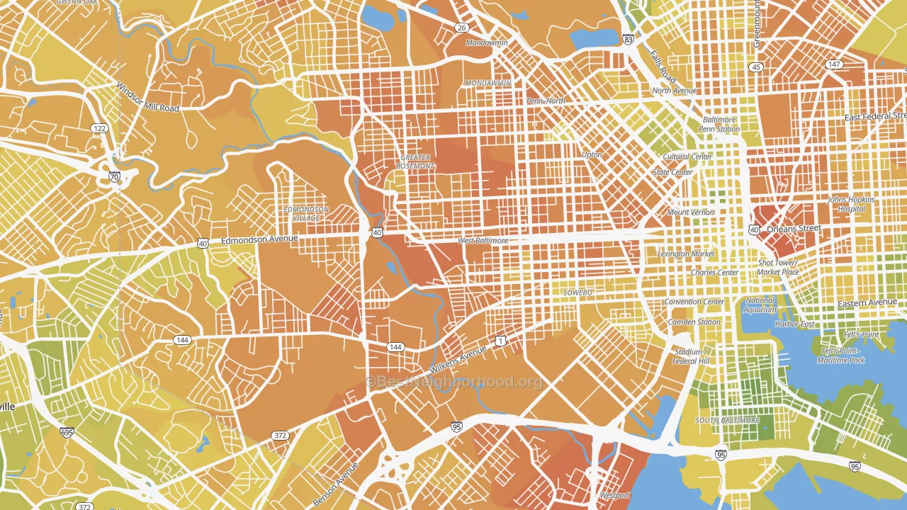 Map of the best neighborhoods in the Greater Rosemont, Baltimore area, with better matches in green and worse matches in red
