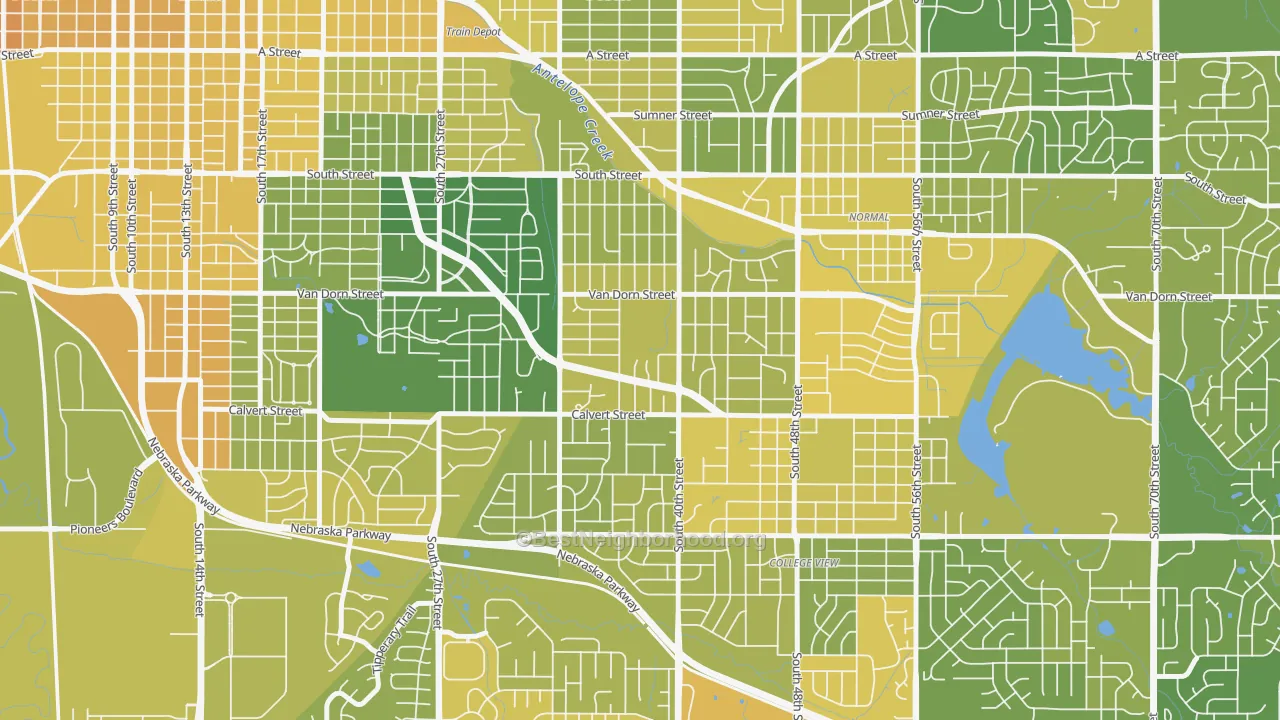 Map of the best neighborhoods in the Greater South, Lincoln area, with better matches in green and worse matches in red