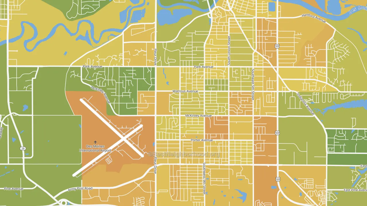 Map of the best neighborhoods in the Greater South Side, Des Moines area, with better matches in green and worse matches in red