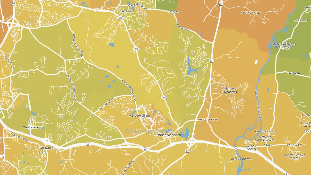 Map of the best neighborhoods in the Greater Upper Marlboro, Brock Hall area, with better matches in green and worse matches in red