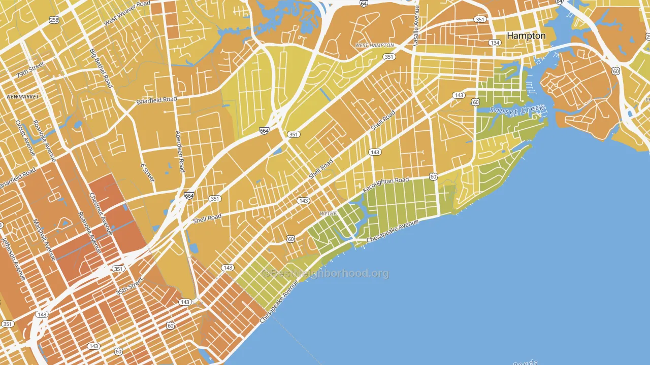 Map of the best neighborhoods in the Greater Wythe, Hampton area, with better matches in green and worse matches in red