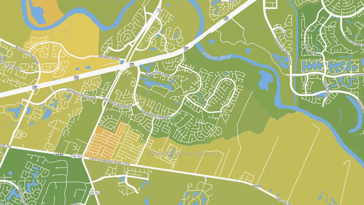 Map of the best neighborhoods in the Greatwood area, with better matches in green and worse matches in red