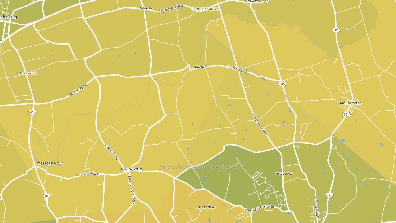 Map of the best neighborhoods in the Greble area, with better matches in green and worse matches in red