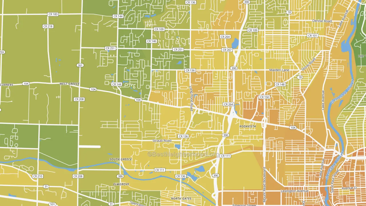 Map of the best neighborhoods in the Greece area, with better matches in green and worse matches in red