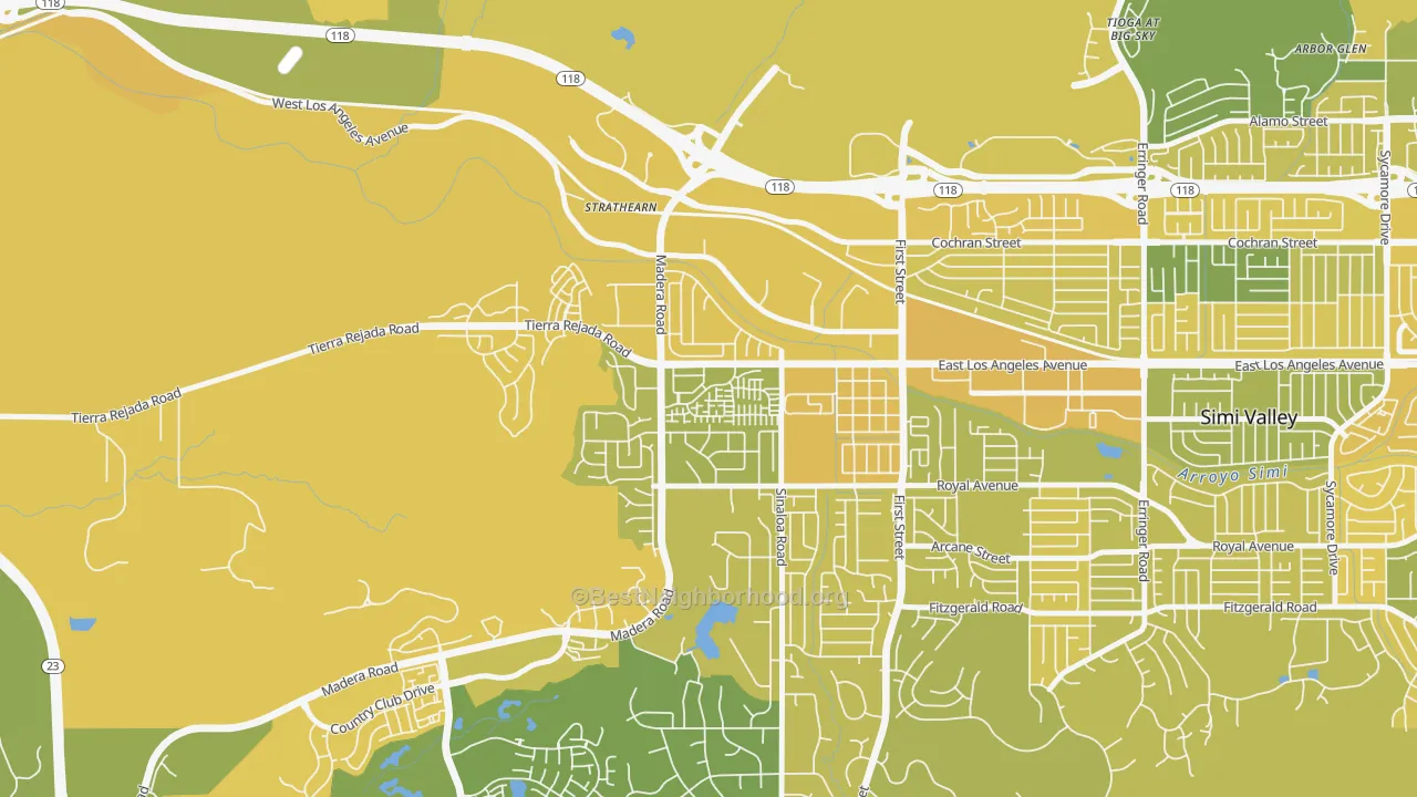 Map of the best neighborhoods in the Greek Track, Simi Valley area, with better matches in green and worse matches in red